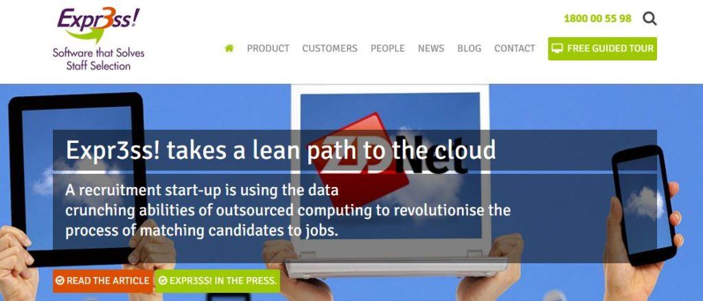Expr3ss recruitment software website homepage featuring a ZDNet article about cloud-based hiring technology