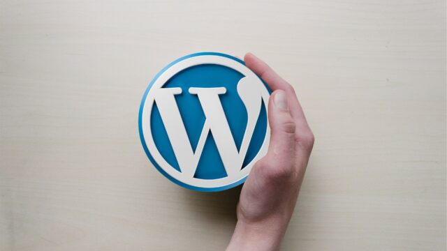 Hand holding a 3D WordPress logo icon against a light background