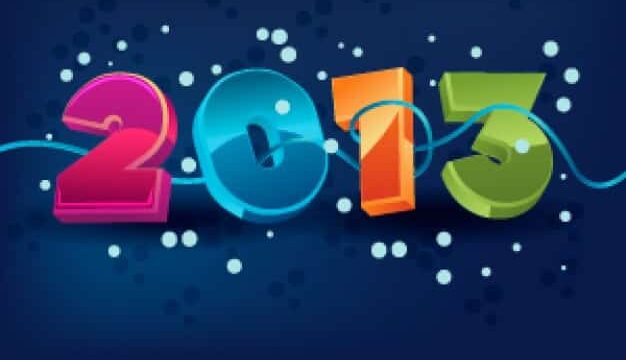 Colourful 3D block letters spelling 2013 on a dark blue background with festive sparkles