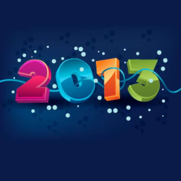 Colourful 3D block letters spelling 2013 on a dark blue background with festive sparkles