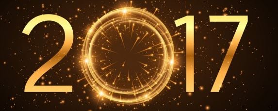 Gold glowing 2017 numerals with a sparkling clock face, representing top digital marketing trends for 2017