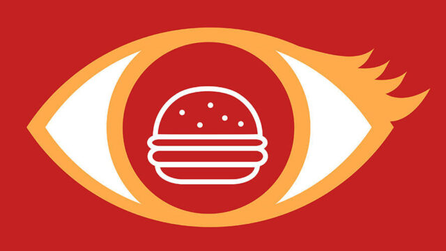 Eye icon with a burger pupil on a red background, representing Dr Squatch brand visibility and social media awareness