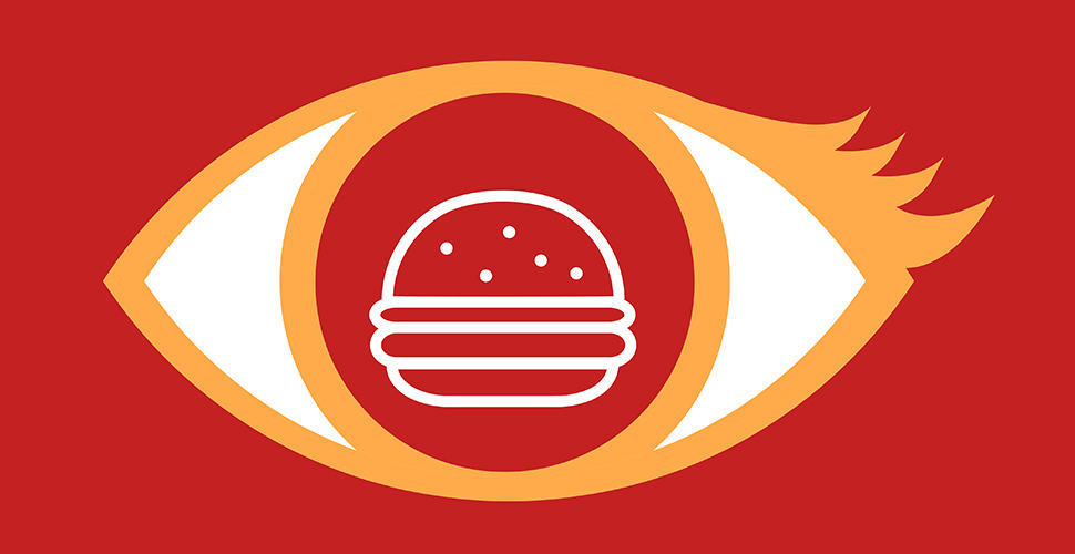 Eye icon with a burger pupil on a red background, representing Dr Squatch brand visibility and social media awareness