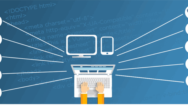 Illustration of a developer at a laptop connected to web tech icons including HTML5, CSS3, JS, PHP and GitHub