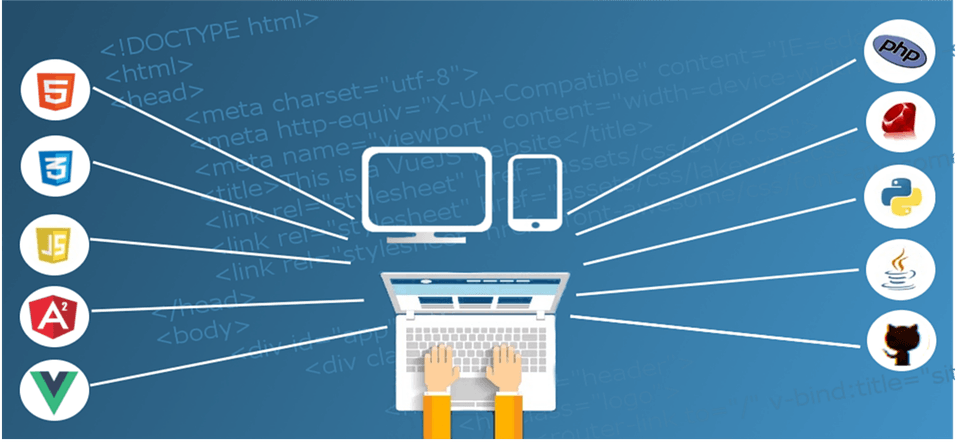 Illustration of a developer at a laptop connected to web tech icons including HTML5, CSS3, JS, PHP and GitHub
