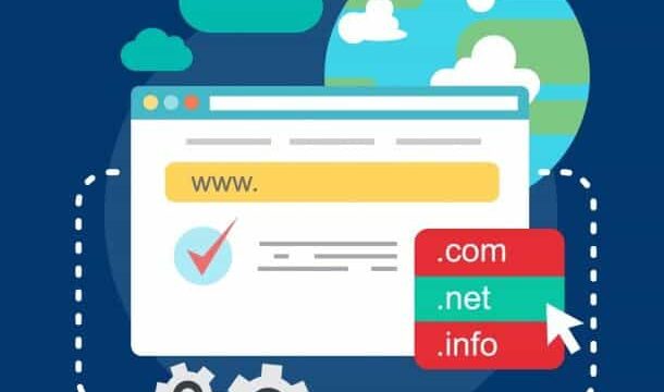 Flat illustration of a browser window with www address bar and domain extension options .com .net .info, representing Domain Authority