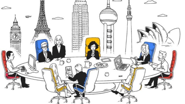 Sketch illustration of a global business meeting around a round table with world landmarks in the background