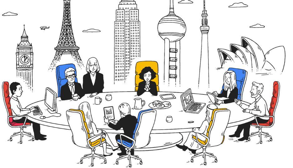 Sketch illustration of a global business meeting around a round table with world landmarks in the background
