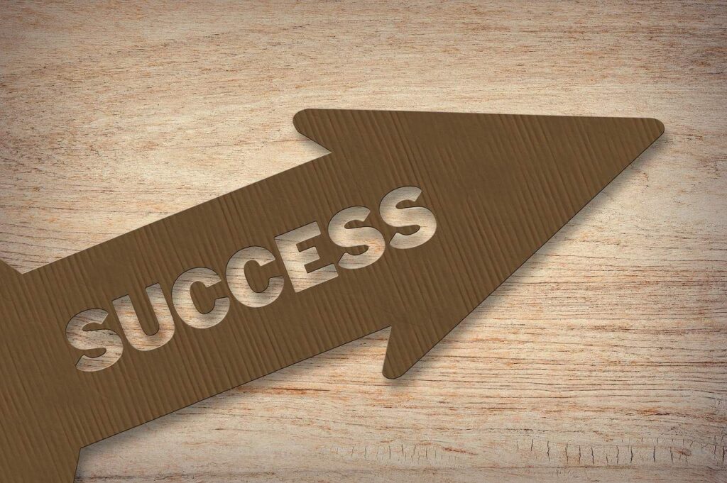 Arrow-shaped sign with the word Success carved into wood, symbolising digital marketing results