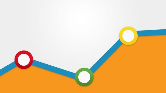 Colourful line chart graphic with red, green, and yellow data points on an orange and white background