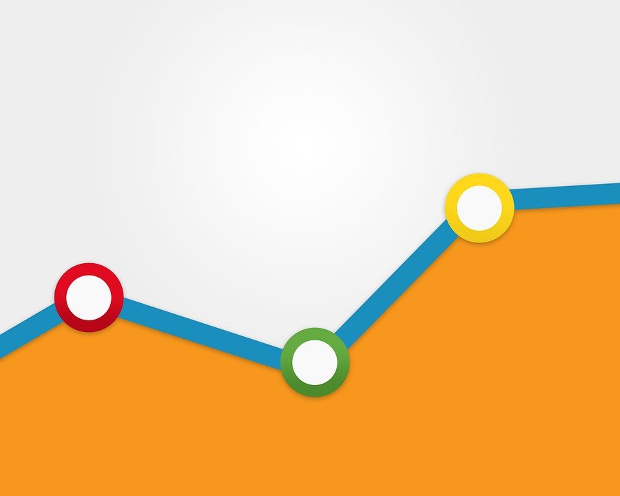 Colourful line chart graphic with red, green, and yellow data points on an orange and white background