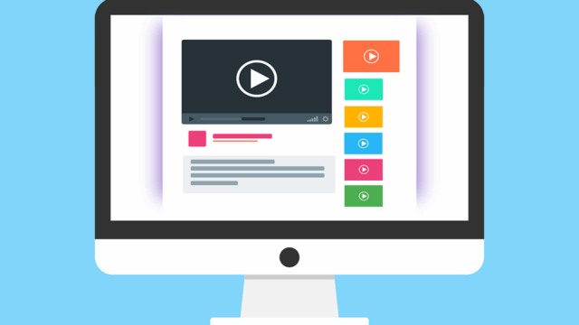 Illustrated desktop monitor displaying a video platform with a playlist of colourful play buttons