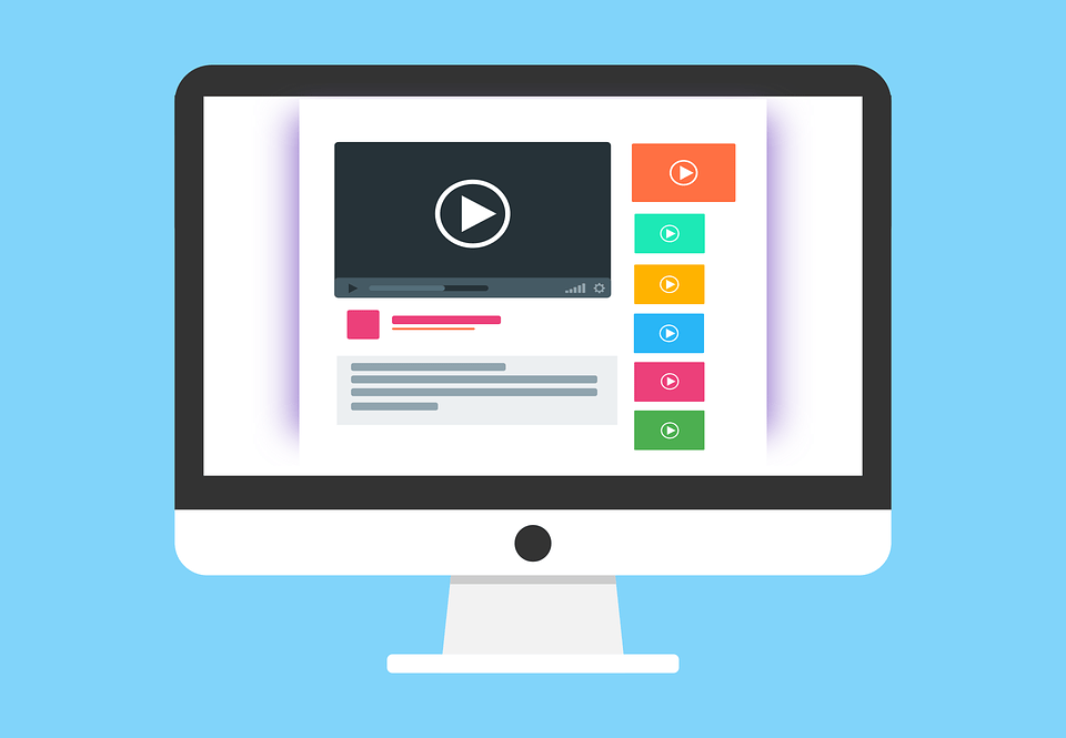 Illustrated desktop monitor displaying a video platform with a playlist of colourful play buttons