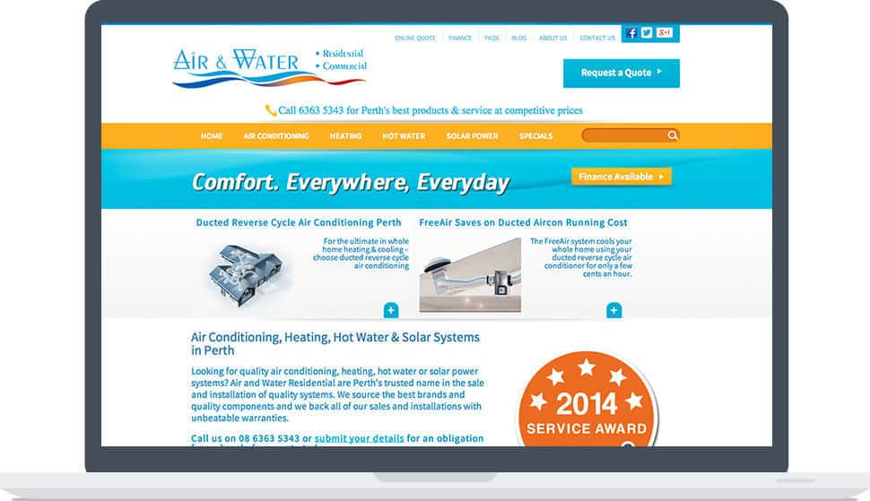 Air and Water website displayed on a laptop screen showing air conditioning and solar services homepage