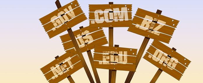 Weathered wooden signposts showing domain extensions .com, .net, .org, .biz and others against a sunset sky