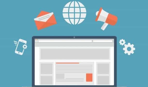 Flat illustration of a website with email, globe, megaphone and mobile icons representing digital marketing channels