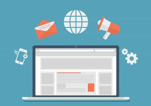 Flat illustration of a website with email, globe, megaphone and mobile icons representing digital marketing channels