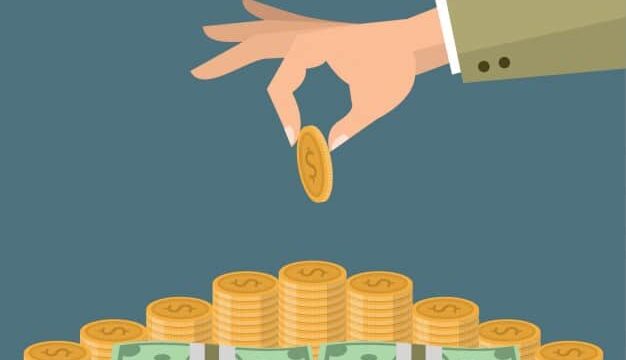Illustrated hand placing a gold coin onto stacked coins and banknotes, representing smart content marketing budget management