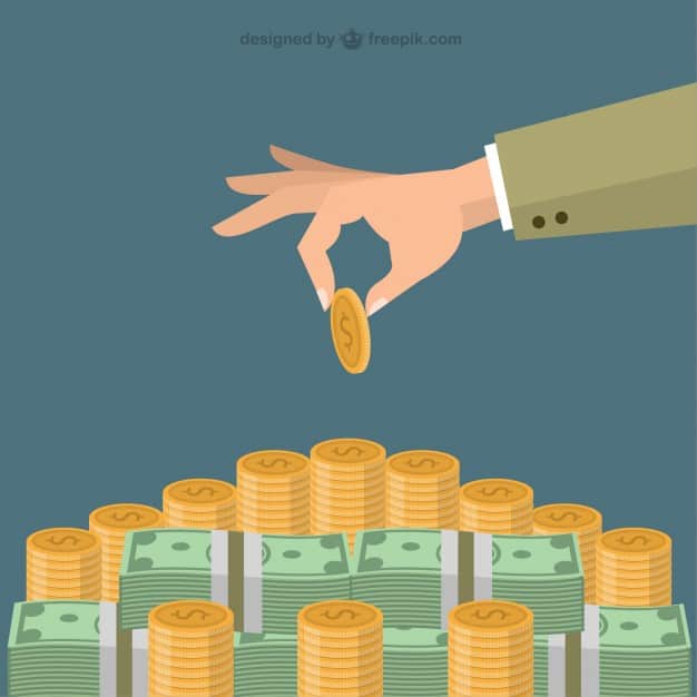 Illustrated hand placing a gold coin onto stacked coins and banknotes, representing smart content marketing budget management