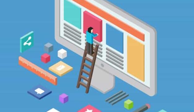 Isometric illustration of a figure on a ladder adding content blocks to a large monitor screen, representing website directory building