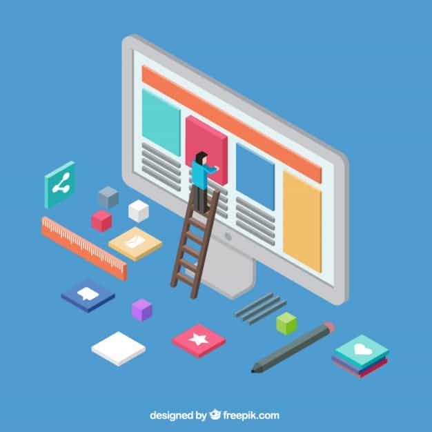 Isometric illustration of a figure on a ladder adding content blocks to a large monitor screen, representing website directory building