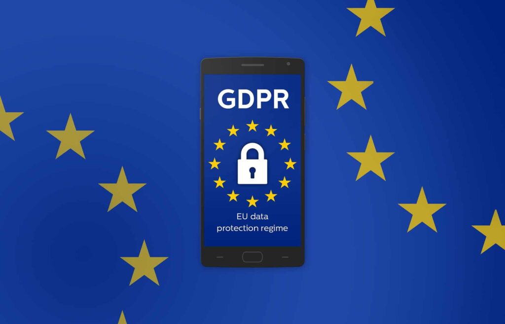 Smartphone showing GDPR EU data protection regime with padlock icon, set against a blue European Union flag