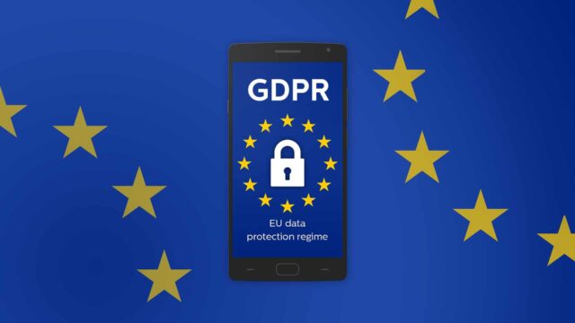 Smartphone showing GDPR EU data protection regime with padlock icon, set against a blue European Union flag