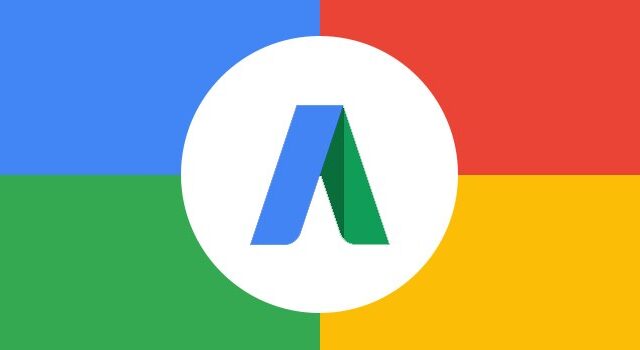 Google AdWords logo with blue and green A icon on a four-colour Google-branded background