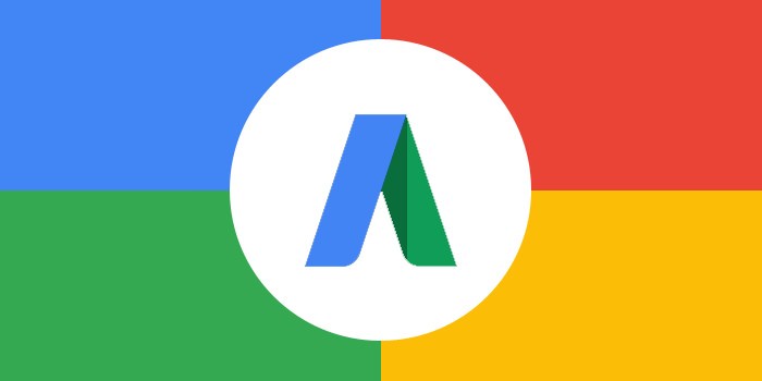 Google AdWords logo with blue and green A icon on a four-colour Google-branded background
