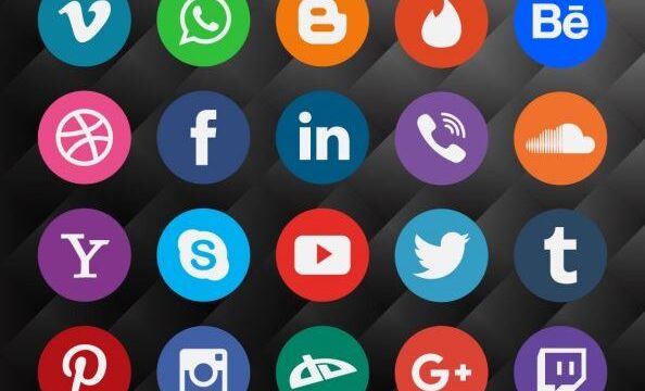 Grid of circular social media platform icons including Facebook, LinkedIn, Twitter, YouTube, Instagram and Google+