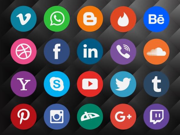 Grid of circular social media platform icons including Facebook, LinkedIn, Twitter, YouTube, Instagram and Google+