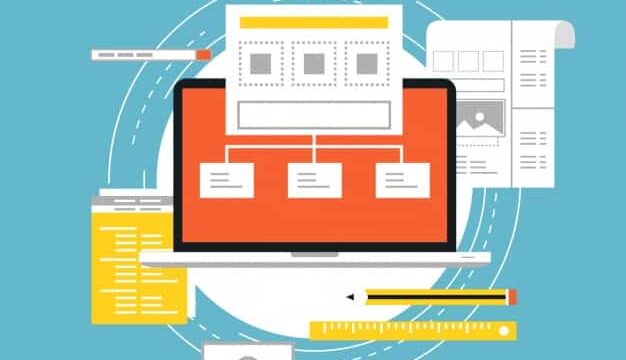 Flat design illustration of a laptop showing a website sitemap wireframe surrounded by design documents and tools