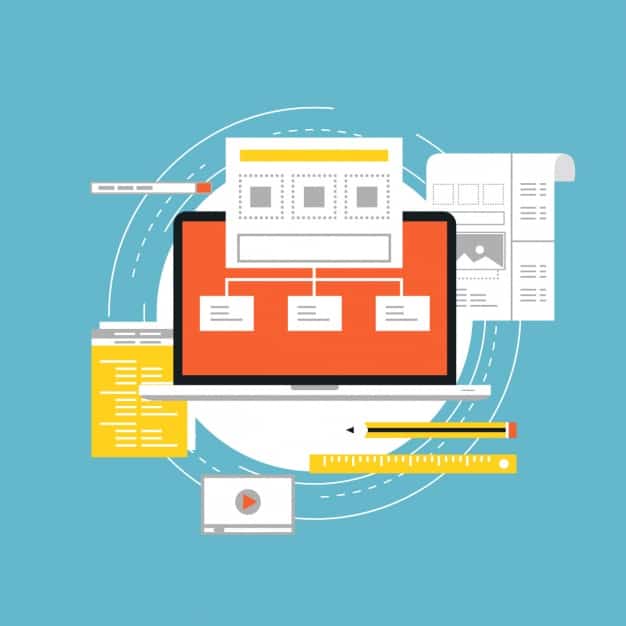 Flat design illustration of a laptop showing a website sitemap wireframe surrounded by design documents and tools