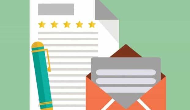 Flat illustration of a five-star review document beside an open envelope, representing online review management