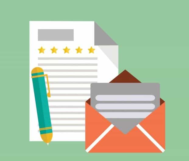 Flat illustration of a five-star review document beside an open envelope, representing online review management