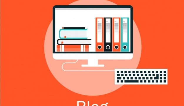 Flat design illustration of a desktop computer labelled Blog with books and ring binders on screen and a keyboard below