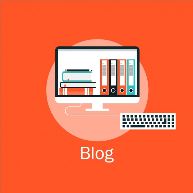 Flat design illustration of a desktop computer labelled Blog with books and ring binders on screen and a keyboard below
