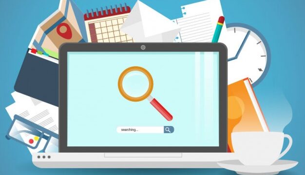 Flat design illustration of a laptop with a magnifying glass search bar surrounded by documents, a calendar, clock and coffee cup