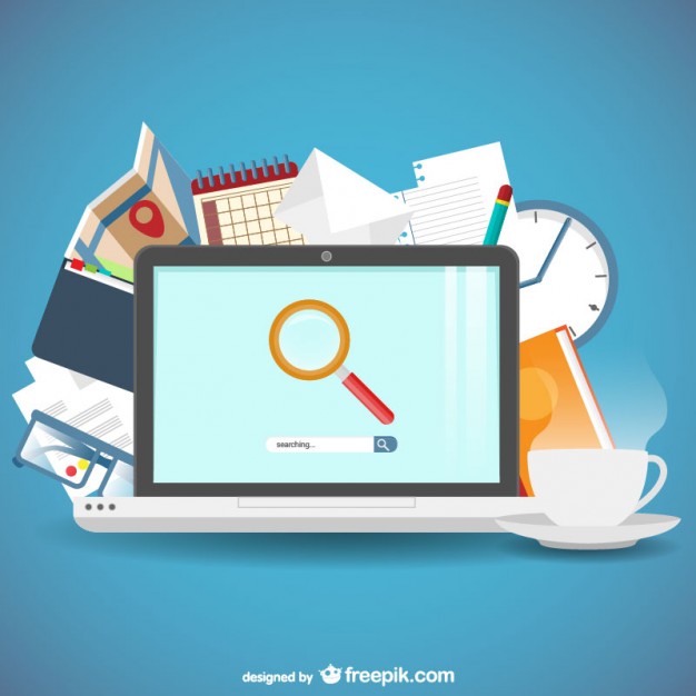Flat design illustration of a laptop with a magnifying glass search bar surrounded by documents, a calendar, clock and coffee cup