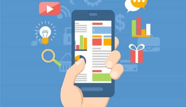 Flat illustration of a hand holding a smartphone displaying a mobile website with icons for search, video, analytics and notifications