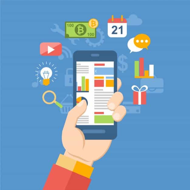 Flat illustration of a hand holding a smartphone displaying a mobile website with icons for search, video, analytics and notifications