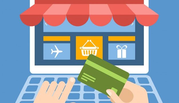 Flat illustration of hands holding a credit card at a laptop with an online shop awning, representing ecommerce website security