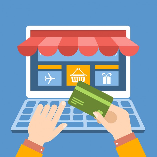 Flat illustration of hands holding a credit card at a laptop with an online shop awning, representing ecommerce website security