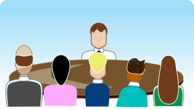 Flat illustration of a job interview with one person facing a panel of five candidates seated at a round table
