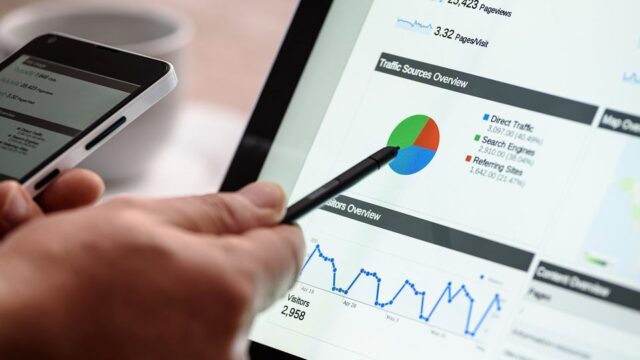 Person pointing a stylus at a traffic sources pie chart and line graph on a tablet, illustrating AdWords budget analysis