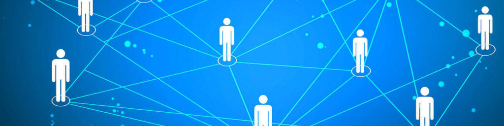 Digital illustration of three person icons connected by glowing lines on a blue background, representing link networks
