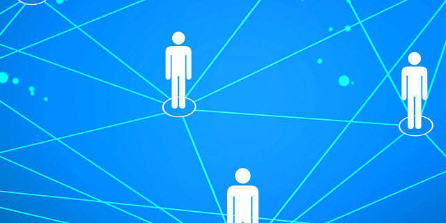 Digital illustration of three person icons connected by glowing lines on a blue background, representing link networks
