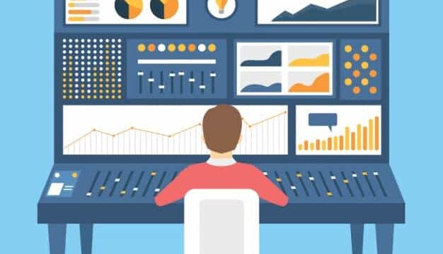 Flat illustration of a person at a control desk monitoring multiple data dashboards and charts on large screens