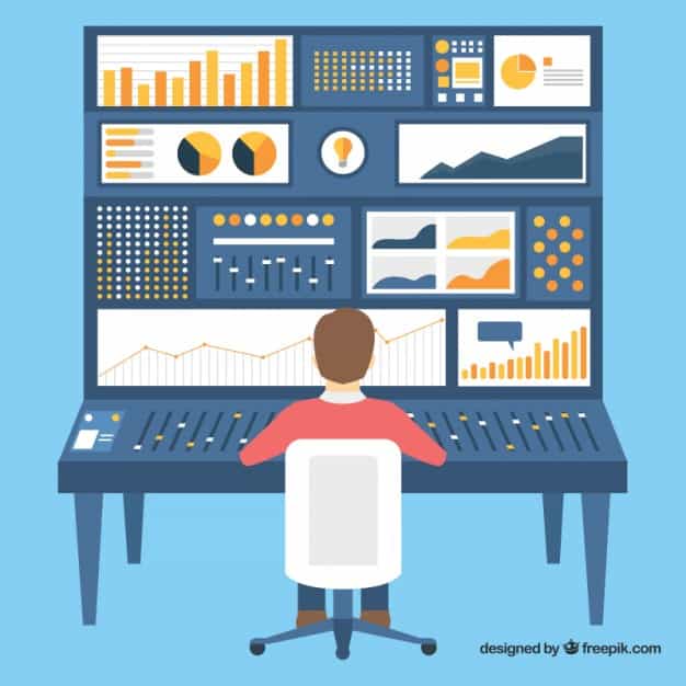 Flat illustration of a person at a control desk monitoring multiple data dashboards and charts on large screens