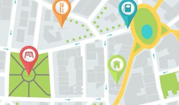 Illustrated city map with colourful location pins for restaurant, fuel, home and shopping, representing Google Maps